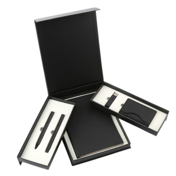 Poklon set za pisanje crni REGINA notes, flash memorija, futrola za kartice, hemijska olovka i roler 