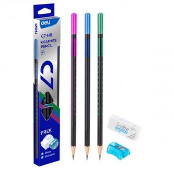 Set grafitne olovke DELI metalik 1/10 + gumica + rezač 