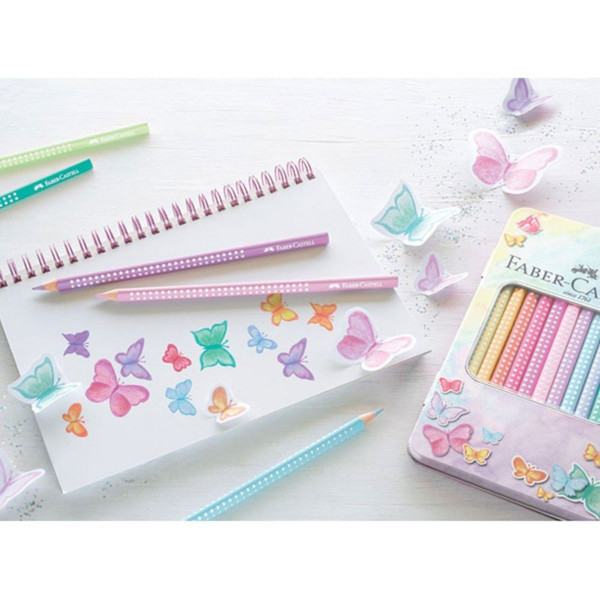 Drvene bojice 12 FABER CASTELL grip sparkle pastel u metalnoj kutiji 