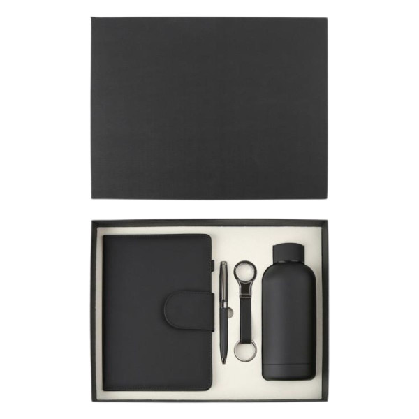 Poklon set za pisanje crna SIERRA notes, privezak, hemijska olovka i flašica 