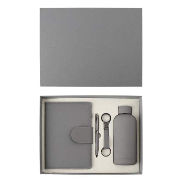 Poklon set za pisanje sivi SIERRA notes, privezak, hemijska olovka i flašica 