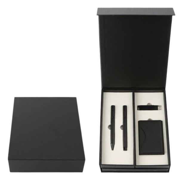 Poklon set za pisanje crni REGINA notes, flash memorija, futrola za kartice, hemijska olovka i roler 