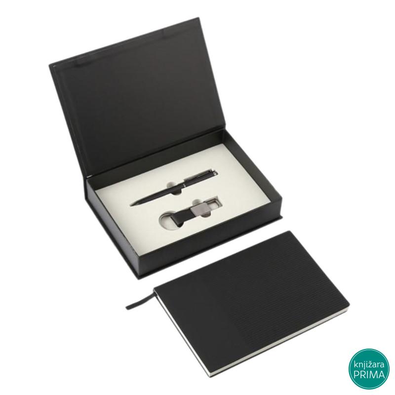 Poklon set za pisanje crni TWIST notes, hemijska olovka i privezak 
