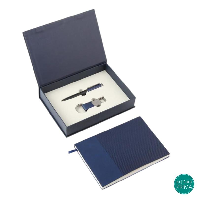 Poklon set za pisanje plavi TWIST notes, hemijska olovka i privezak 