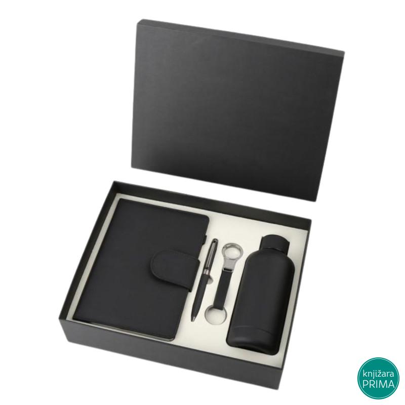 Poklon set za pisanje crna SIERRA notes, privezak, hemijska olovka i flašica 