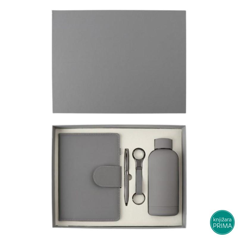 Poklon set za pisanje sivi SIERRA notes, privezak, hemijska olovka i flašica 