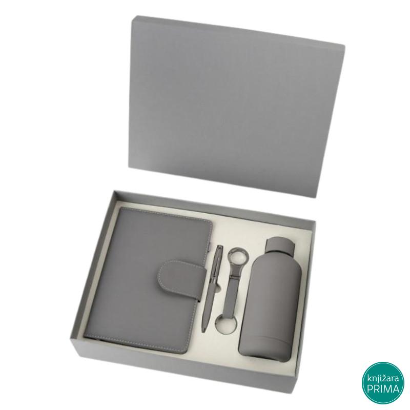 Poklon set za pisanje sivi SIERRA notes, privezak, hemijska olovka i flašica 