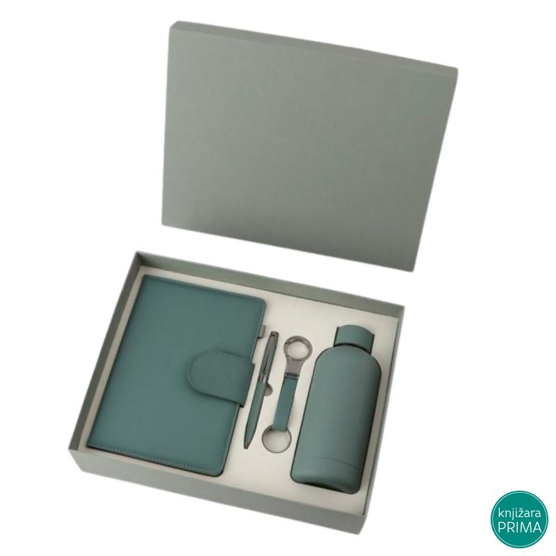 Poklon set za pisanje zeleni SIERRA notes, privezak, hemijska olovka i flašica 