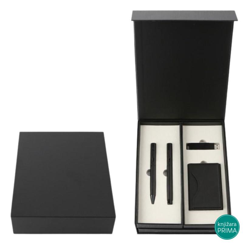 Poklon set za pisanje crni REGINA notes, flash memorija, futrola za kartice, hemijska olovka i roler 