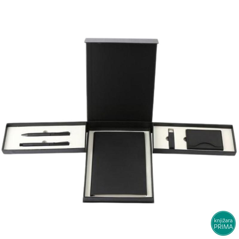 Poklon set za pisanje crni REGINA notes, flash memorija, futrola za kartice, hemijska olovka i roler 