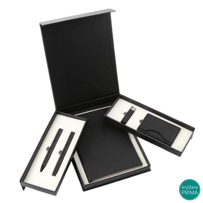 Poklon set za pisanje crni REGINA notes, flash memorija, futrola za kartice, hemijska olovka i roler 