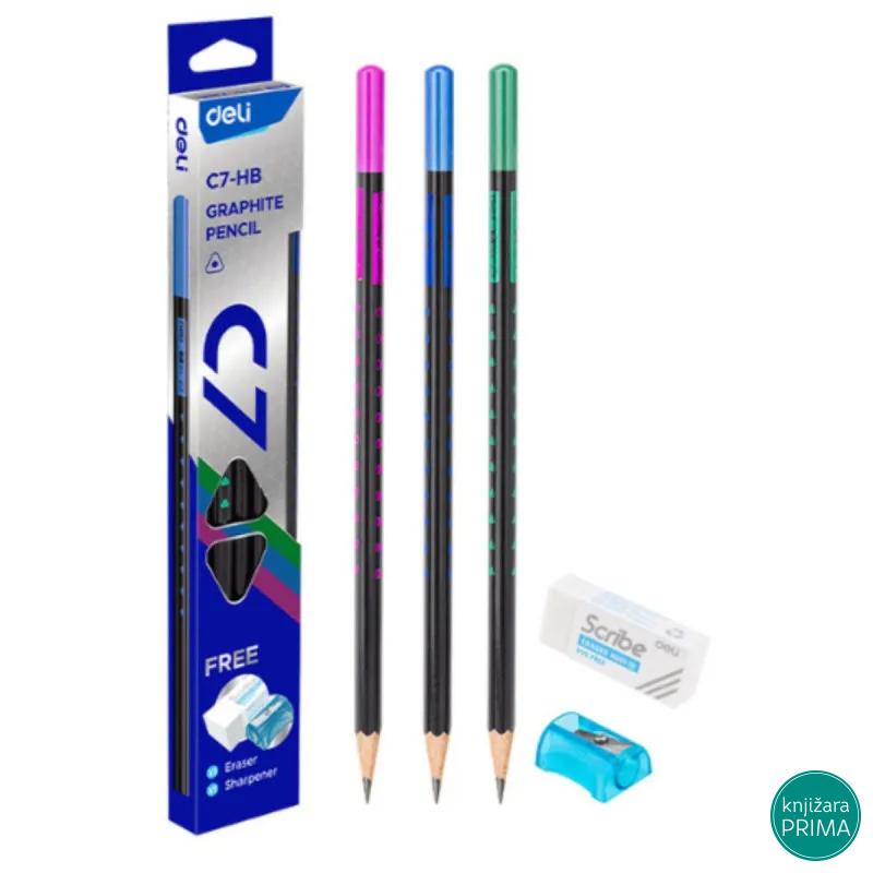 Set grafitne olovke DELI metalik 1/10 + gumica + rezač 